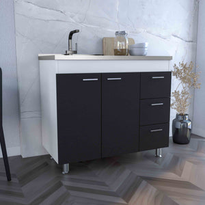 English Elm Base Double Door Cabinet with Three Drawers, Faucet Hole, Engineered Wood, White & Black Finish B097S00136