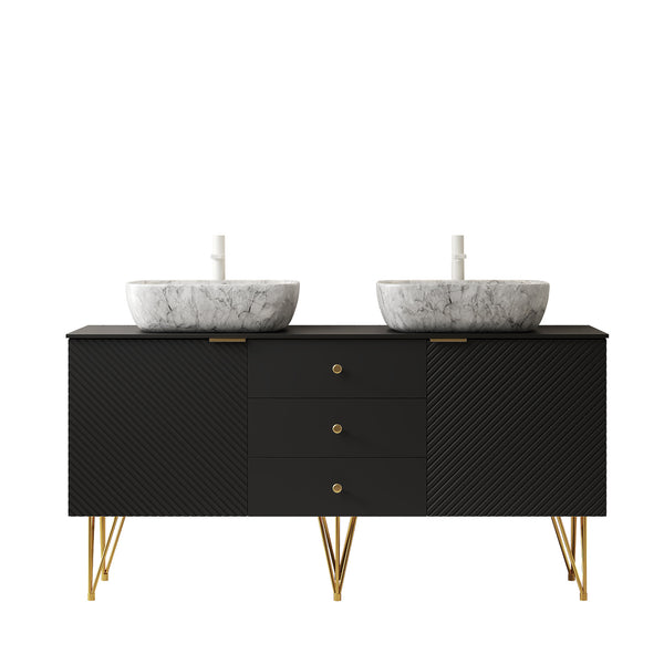 English Elm Gema 60" Freestanding Bathroom Vanity With Gold Legs, Dual Vessel Sinks & Stylish Storage Design W2615S00289