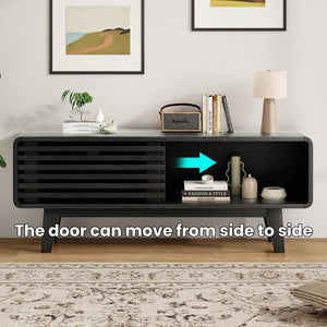 English Elm TV Stand Sleek Mid-Century Console with Sliding Door Storage and Open Shelves for Organized Living Room Black T3623P379948