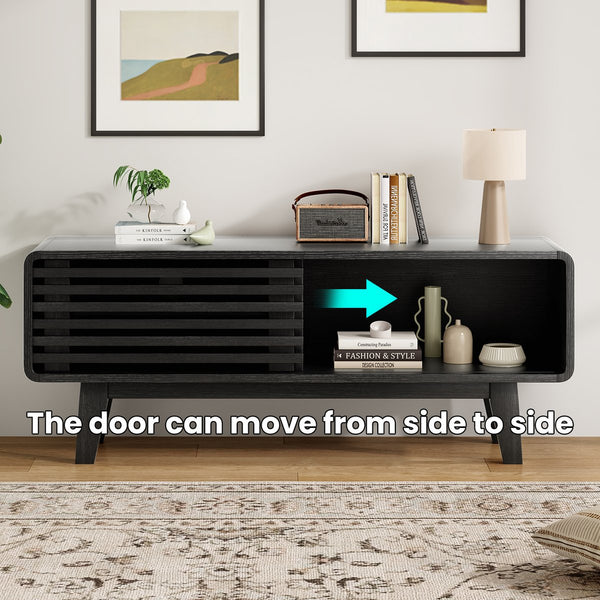 English Elm TV Stand Sleek Mid-Century Console with Sliding Door Storage and Open Shelves for Organized Living Room Black T3623P379948
