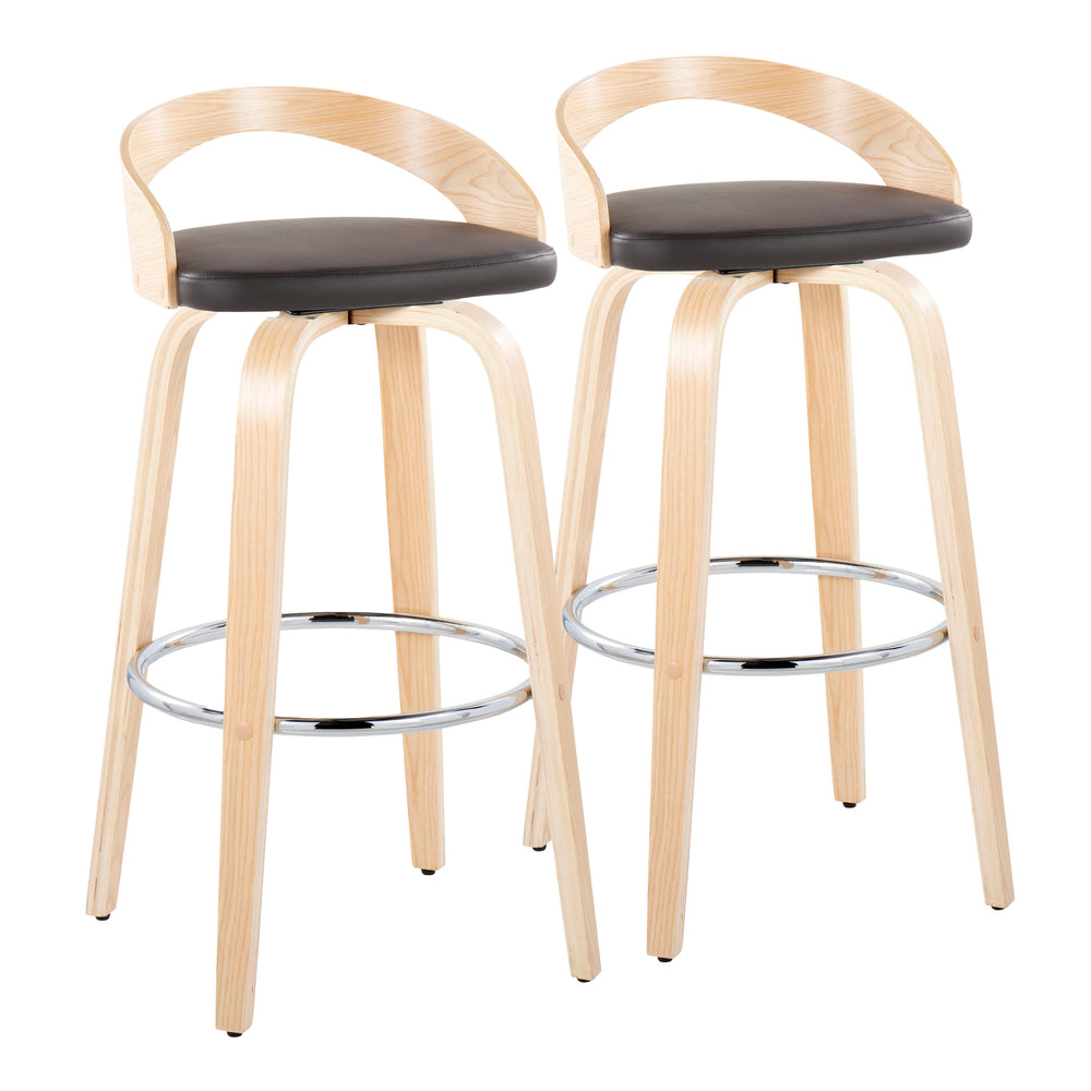English Elm Grotto 30" Modern Fixed-Height Barstool Set With Swivel, Brown Faux Leather & Natural Wood Legs B202S00595