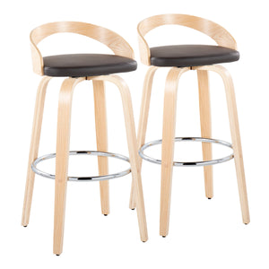 English Elm Grotto 30" Modern Fixed-Height Barstool Set With Swivel, Brown Faux Leather & Natural Wood Legs B202S00595