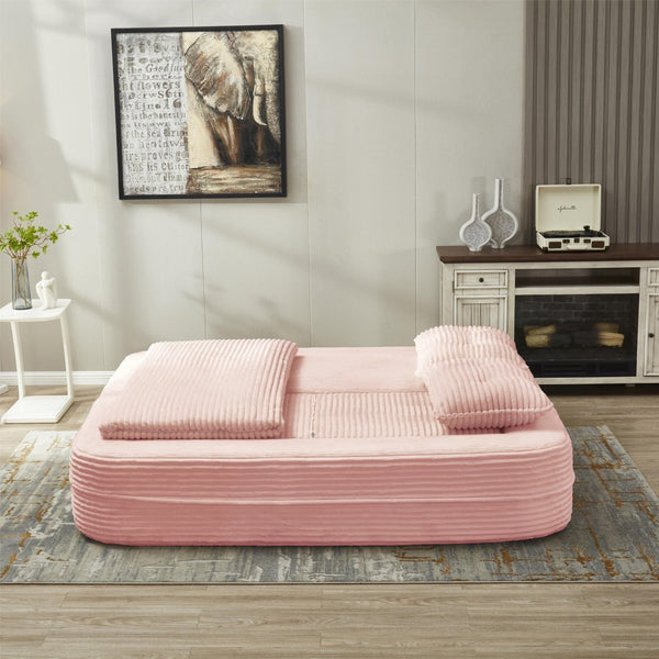 English Elm Multi Purpose Corduroy Sectional with Chaise Converts to King Floor Bed Deep Seat Baby Pink W3219S00008