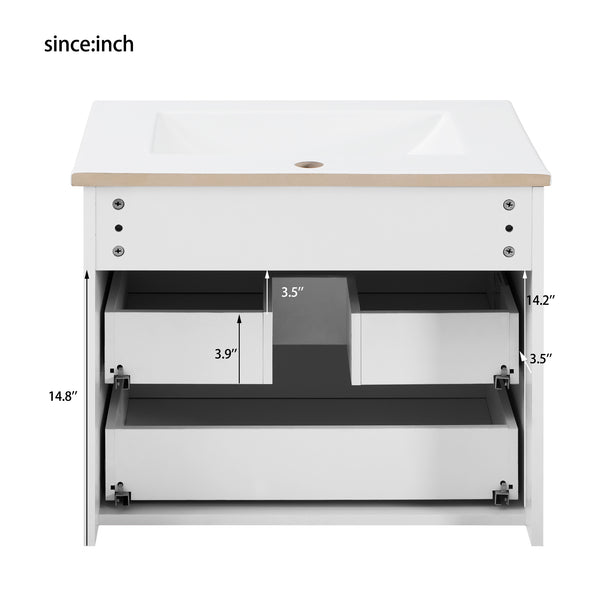 English Elm 24inch Bathroom Vanity with Ceramic Basin Sink, Wall-Mounted Double Drawer Cabinet for Small Baths White N710P324097K