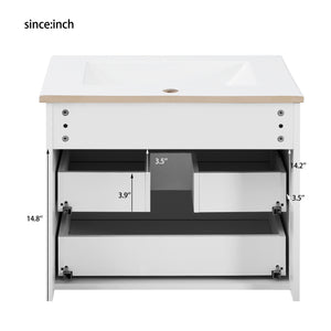 English Elm 24inch Bathroom Vanity with Sink - Wall-Mounted Floating Combo with Ceramic Basin, Modern L-Handle Design White N710S324097K