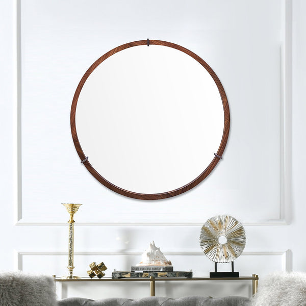 English Elm Jennifer Taylor Home - Hausen 31.5" Mid-Century Round Wall Mirror with Walnut Veneer, Gunmetal Accents, Spacious Glow B2719P246002