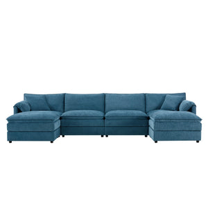 English Elm [new U-shaped Chenille Cloud Sectional 6 Seat Modular Sofa with Movable Ottoman Blue N723S6546C