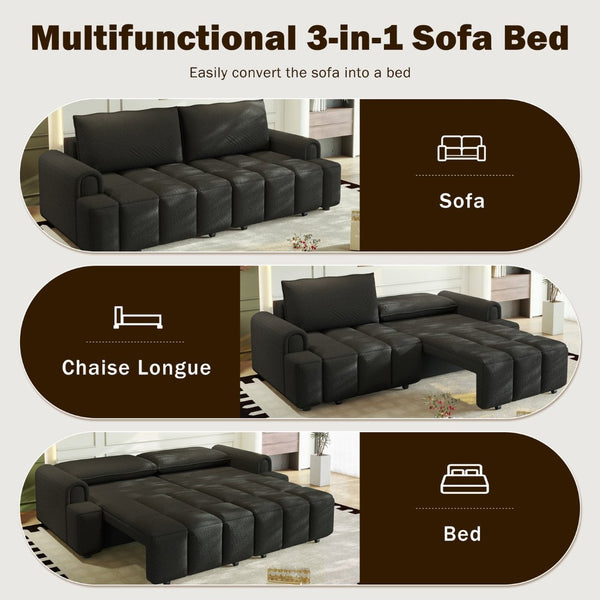 English Elm 90.2" Plush Teddy Fabric Convertible Sleeper Sofa with Hidden Storage for Living Room Black W1885S00313