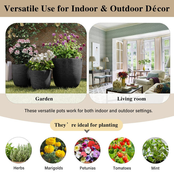 English Elm U_style Mgo Round Planters Set of Three Crackle Stone Texture Patio Garden Pots N711P406670B