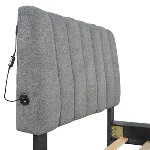 English Elm Teddy Twin Upholstered Platform Bed with Trundle, LED Smart Lighting, Plush Fleece, Sturdy Design Gray SF000055AAE