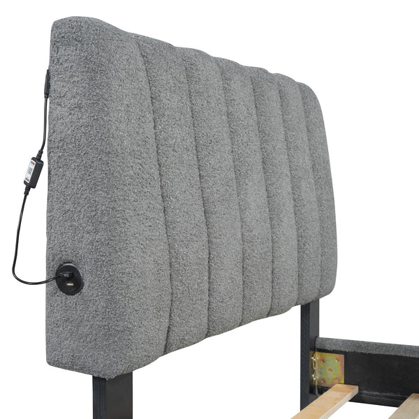 English Elm Teddy Twin Upholstered Platform Bed with Trundle, LED Smart Lighting, Plush Fleece, Sturdy Design Gray SF000055AAE