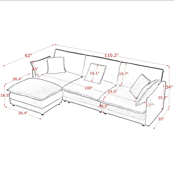 English Elm Modern Sectional Convertible Sofa with Ottoman, Oversized L-Shaped 4-Seater Towel Fabric Comfort Black W1413S00080