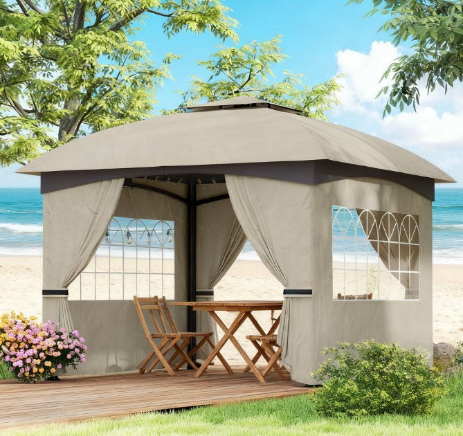 English Elm Double Tier Outdoor Gazebo with Arched Windows Steel Frame and Uv Resistant Polyester Canopy Light Gray T3971P426840