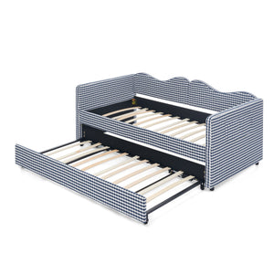 Twin‑size Gingham Upholstered Daybed with Pull Out Trundle and Side Storage Pocket