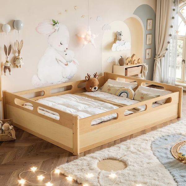 English Elm Queen Low Profile Floor Bed Pine Wood Frame Japandi Minimalist Bedroom Design Natural W1580P438796