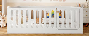 English Elm Twin Solid Pine Montessori Floor Bed with House Frame Door and Safety Fence Light White W5305P420635