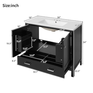 English Elm 36" Black Bathroom Vanity with Ceramic Sink, Soft-Close Doors, Divided Drawer & Double Shelves — Modern Storage Solution for Small to Medium Baths N729P276609B