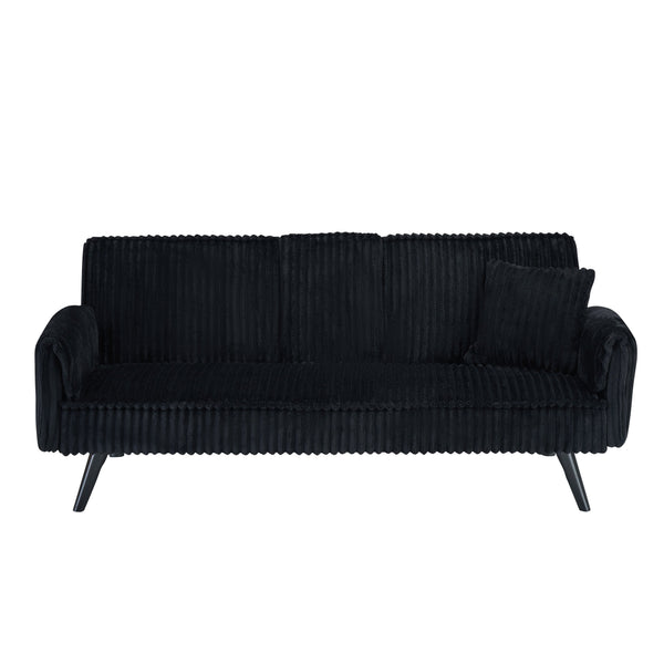 English Elm Minimalist Corduroy Reclining Sofa with Convertible Flat Sleeper and Cup Holder Black W3356P421777
