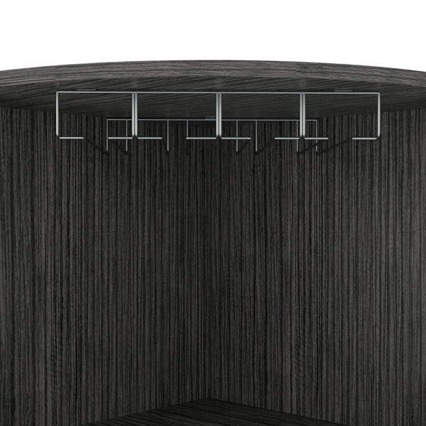 English Elm Seattle Smokey Oak Bar Cabinet with Corner Design, 8 Bottle Cubbies, Glass Racks & Open Shelves B128P176127