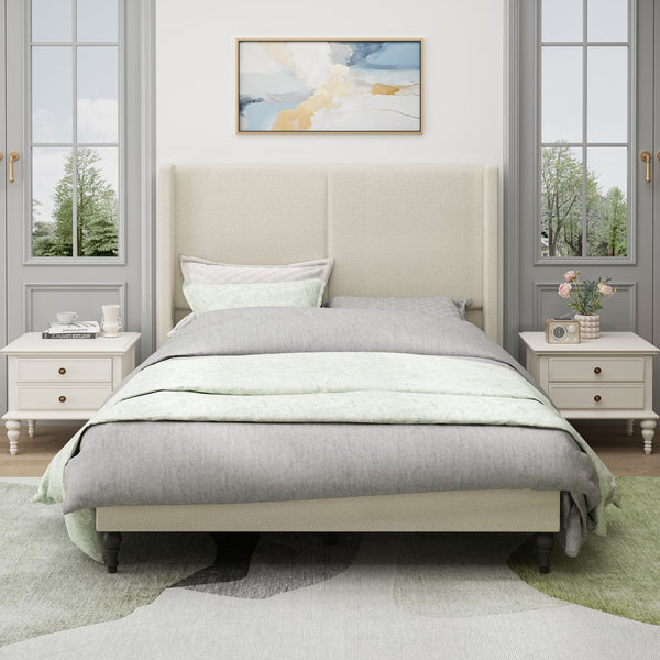 English Elm Queen Plush Upholstered Bed Frame with 55.5" High Headboard, Bouclé Style, 12-Slat Support, 1000lb Capacity Beige 64.96 L x 31.5 W x 8.07 H W1716P335674