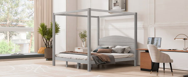 English Elm King Canopy Platform Bed with Headboard and Support Legs — Modern Pine Wood Frame, Sturdy 650lb Capacity Grey WF309291AAE