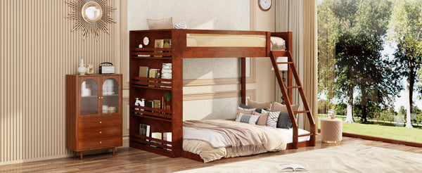 English Elm Twin Over Full Bunk Bed with Cane Guardrail Led Lighting and Built-in Bookshelf Espresso LT000351AAP