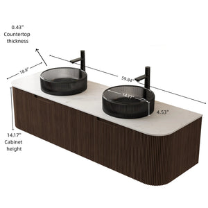 English Elm Dina 60 Inch Floating Bathroom Vanity Sintered Stone Top Dual Glass Basins Wood Grain Black,Carrara White,Walnut W2615S00244