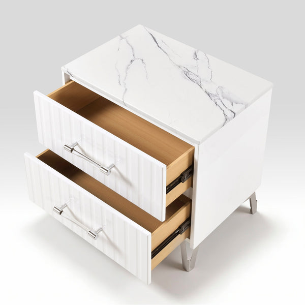 English Elm Glam Two Drawer Nightstand Faux Marble Top Chrome Legs White Bedroom Side Table B011P443207
