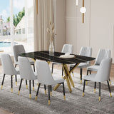 Hearth and Haven Large Modern Minimalist Rectangular Dining Table with 0.39 "Imitation Marble Black Desktop and Gold Metal Legs, Paired with 8 Chairs with Leatherette Cushions and Black Metal Legs.F-1538 C-007 W1151S00874 W1151S00874