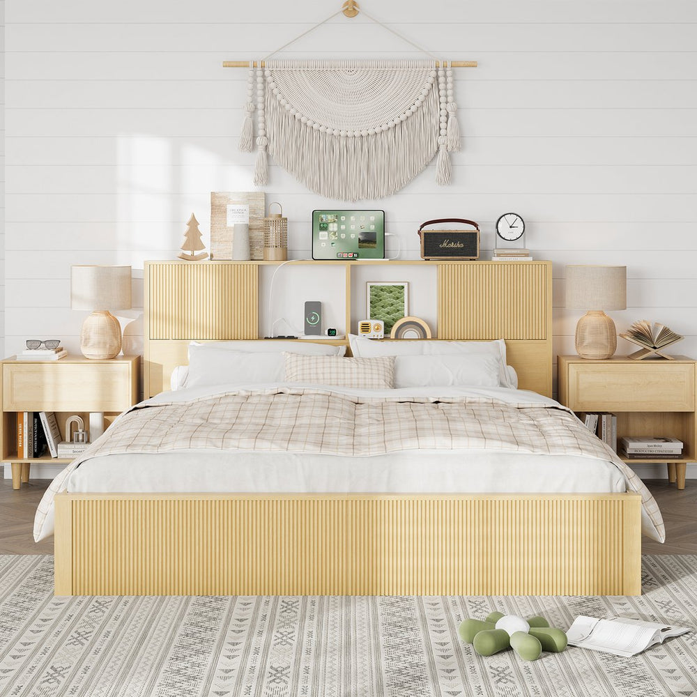 English Elm Queen Storage Bed Oak Finish Sliding Barn Door Headboard with Built-in Charging T3773P417198