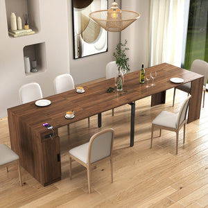 English Elm Modern Extendable Dining Table with Built-In Outlet, USB Ports & Storage, Space-Saving Console to 118" Walnut W331S00191