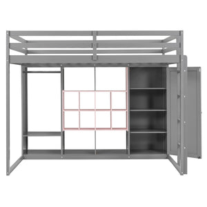 English Elm Twin Loft Bed with Wardrobe Shelves and Cabinet Kids Bedroom Wood Storage Frame Pink+Grey N708S00024E