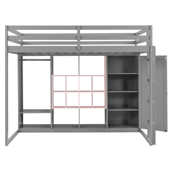 English Elm Twin Loft Bed with Wardrobe Shelves and Cabinet Kids Bedroom Wood Storage Frame Pink+Grey N708S00024E