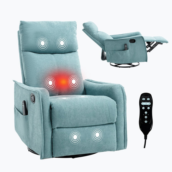 English Elm Heat Massage Rocker Swivel Recliner Fabric Chair with Lumbar Therapy for Living Room Antique Blue Green W1803P362302