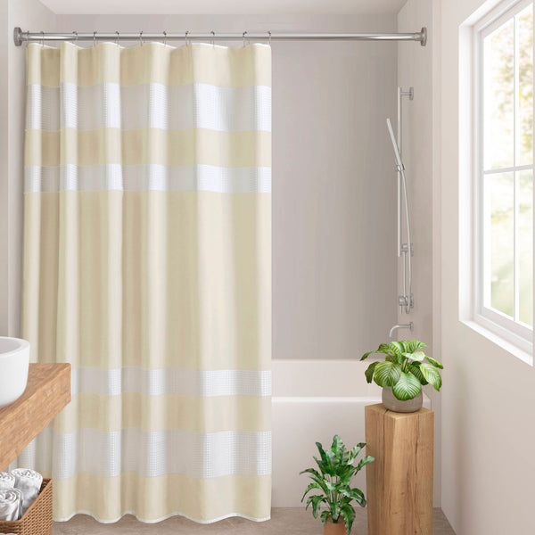 JLA Home Madison Park - Shower textured waffle curtain with heathered stripe and 3M Scotchgard for spa-like, water-resistant style 78 L x 72 W x 0.13H MP70-8562