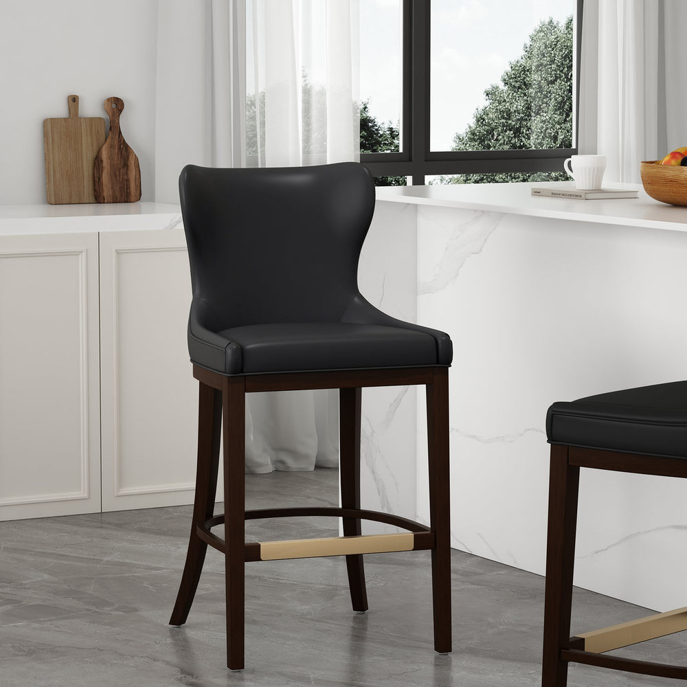 English Elm Blair Wood Upholstered Barstool: Elegant Black Design With Wingback Support & Gold Accents, Fully Assembled B365P398072
