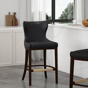 English Elm Blair Wood Upholstered Barstool: Elegant Black Design With Wingback Support & Gold Accents, Fully Assembled B365P398072
