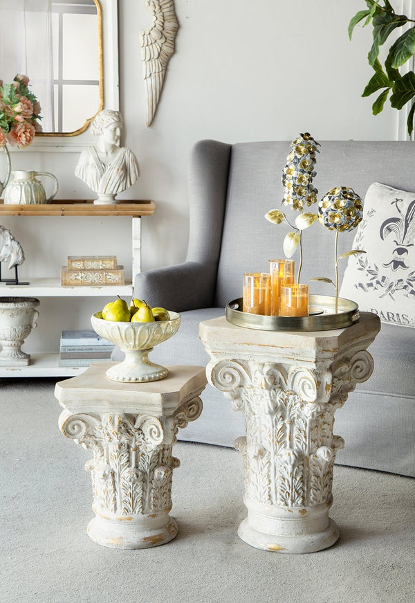 English Elm 14x14x17.5" Ornate Column Pedestal with Scrollwork Gold Accents French Country Decor W2078P484427