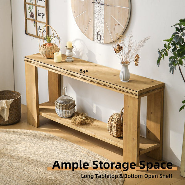 English Elm 63" Natural Wood Boho Console Table with Beaded Edge, 2-Tier Rustic Narrow Sofa Table for Entryways W3306P318859