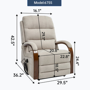 English Elm Power Lift Recliner Chair Chenille Upholstery Dual Motor Heat Massage Solid Wood Arms Beige W1803S00077