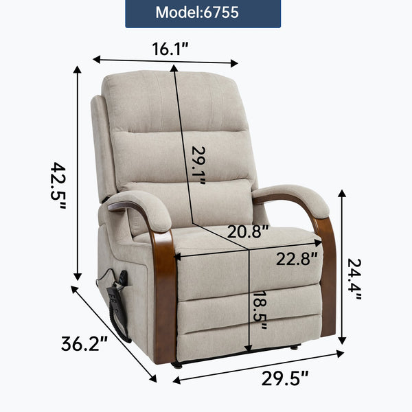 English Elm Power Lift Recliner Chair Chenille Upholstery Dual Motor Heat Massage Solid Wood Arms Beige W1803S00077