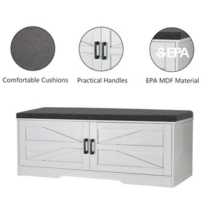 English Elm 2-Tier Farmhouse Storage Bench with Padded Seat, 2 Barn Doors & Adjustable Shelves for Entryway W3204P317308