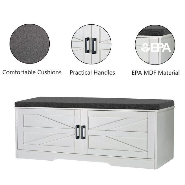 English Elm 2-Tier Farmhouse Storage Bench with Padded Seat, 2 Barn Doors & Adjustable Shelves for Entryway W3204P317308