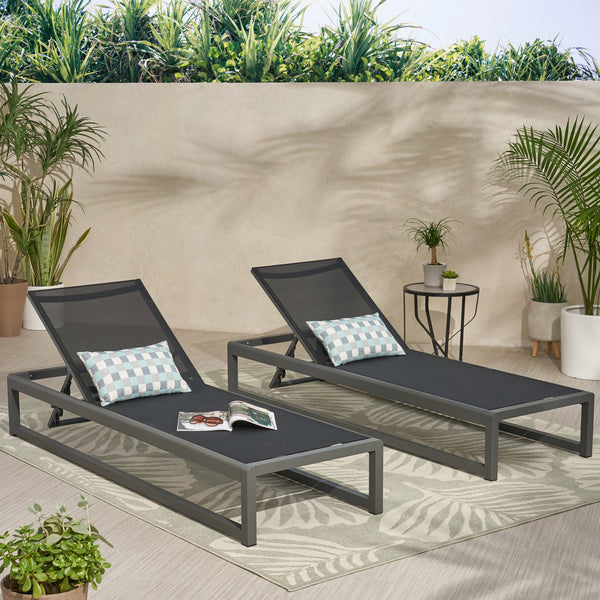English Elm Christopher Knight Home® - MODESTA Chaise Lounge Set with Rust‑Resistant Aluminum Frame, Breathable Mesh, 5‑Position Adjustable Comfort Black+Grey 62397.00BLKMP2