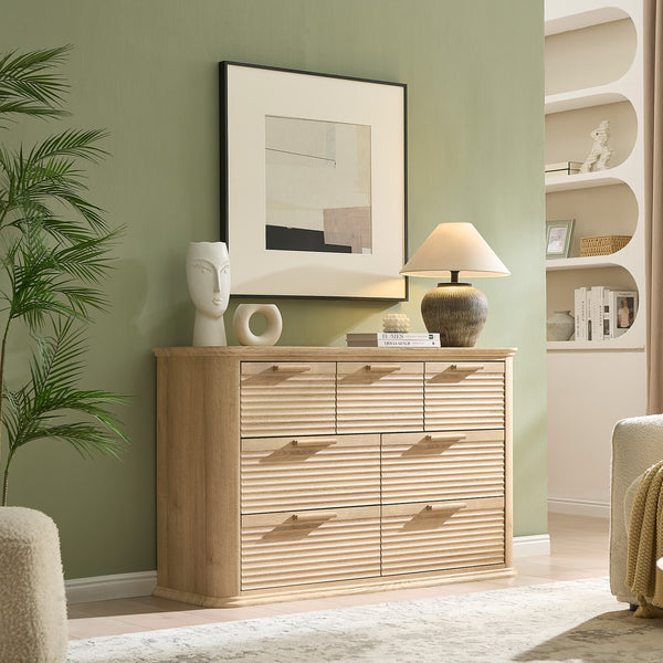 English Elm Fluted Wave Panel 7 Drawer Mdf Dresser Modern Bedroom Storage with Tv Stand Top T5326P425097
