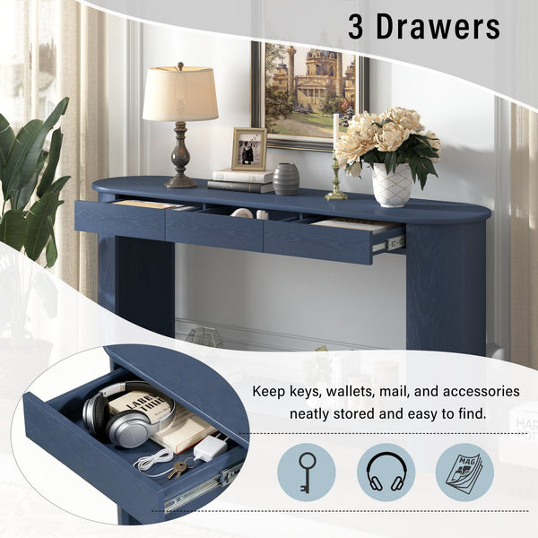 English Elm U_style Oak Veneer Console Table with 3 Drawers Open Shelf Entryway Hallway Storage Navy Blue N711P395523C