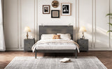 English Elm Farmhouse Wooden Platform Full Size Bed, Modern Platform Bed With Two Bedside Lights, Antique Gray