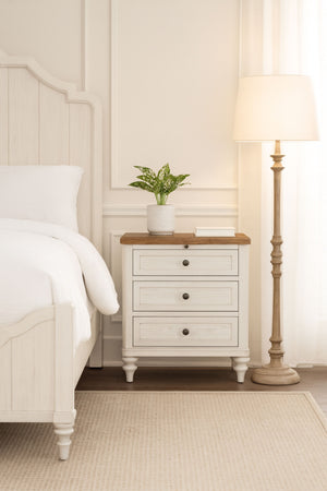 English Elm 3 Drawer Nightstand with USB Ports, Cement & Sand Mindi Veneer, Felt & Cedar Lined Drawers, Pull-Out Tray White 31.25 L x 20.5 W x 27.5 H B2699P395252