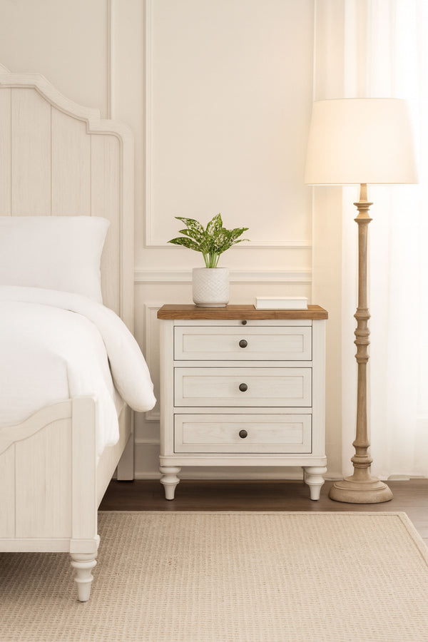 English Elm 3 Drawer Nightstand with USB Ports, Cement & Sand Mindi Veneer, Felt & Cedar Lined Drawers, Pull-Out Tray White 31.25 L x 20.5 W x 27.5 H B2699P395252