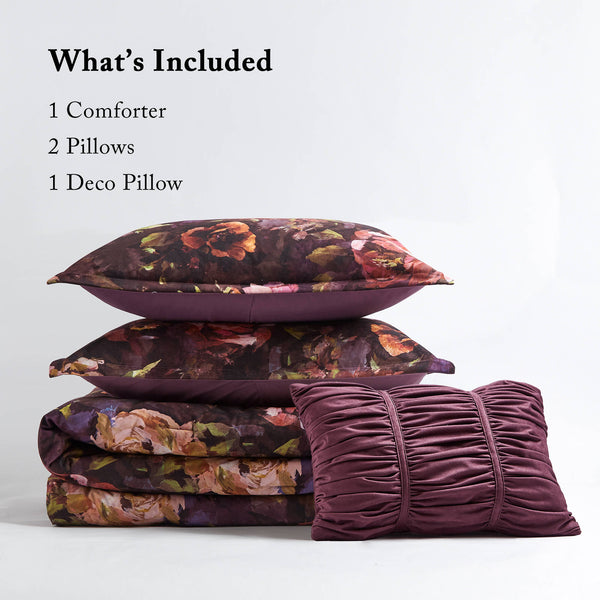 English Elm 4-piece Queen Velvet Floral Comforter Set with Ruched Pillow for Luxe Bedrooms B035P463193